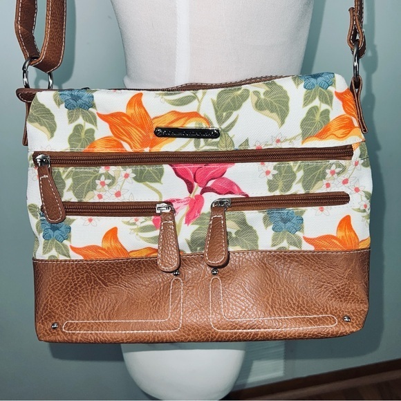 Stone Mountain Handbags - Stone Mountain Floral Canvas & Tan Faux Leather Shoulder / Crossbody Bag